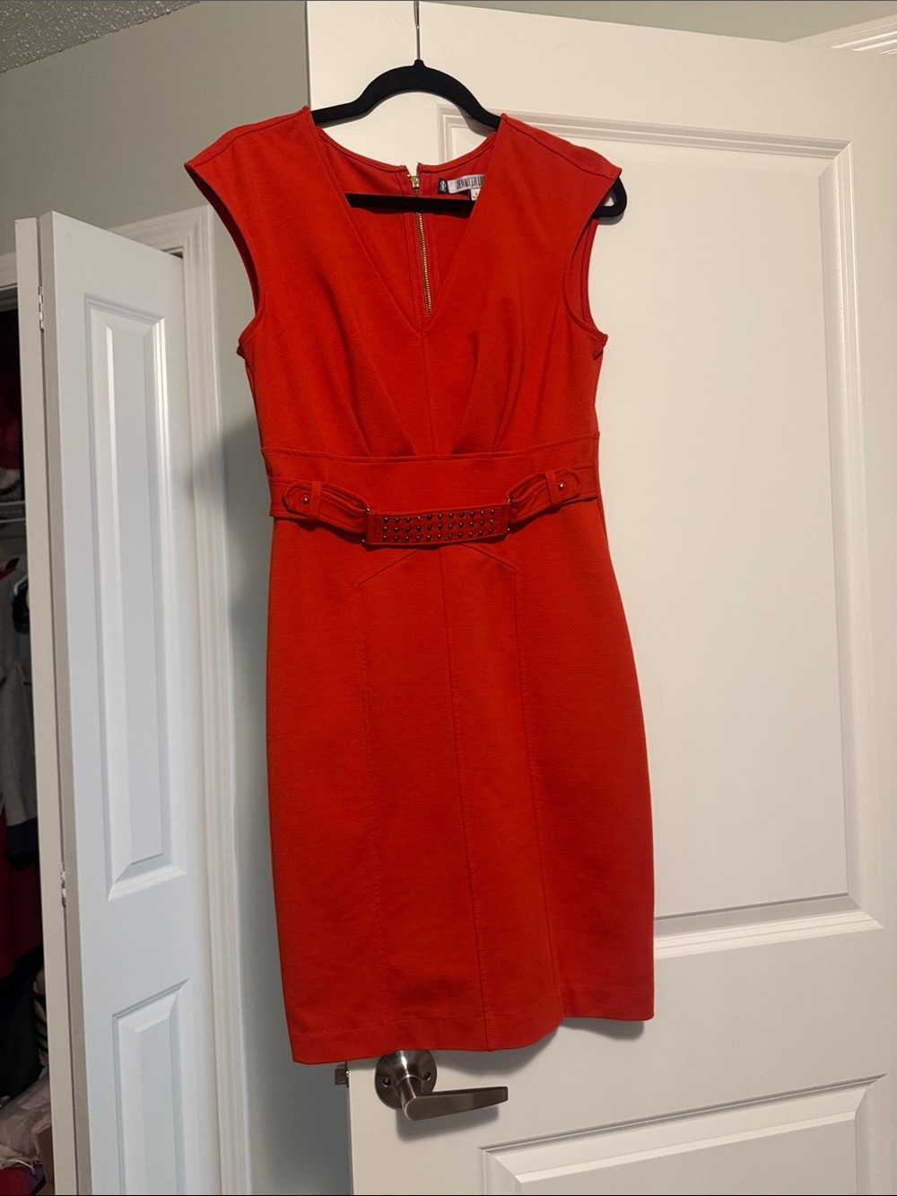 Jennifer Lopez Red Cap-Sleeve Midi Sheath Dress with Studded Waist